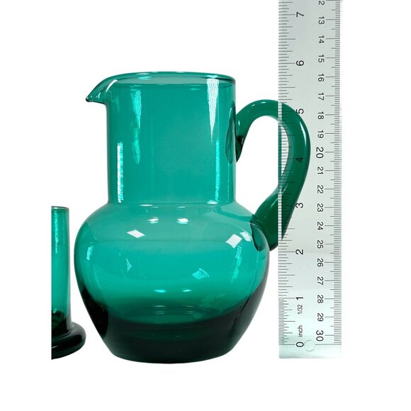 RARE Teal Glass Hand Blown Vintage Tumble Up Guest Pitcher and Cup Matching Set - Picture 12 of 15